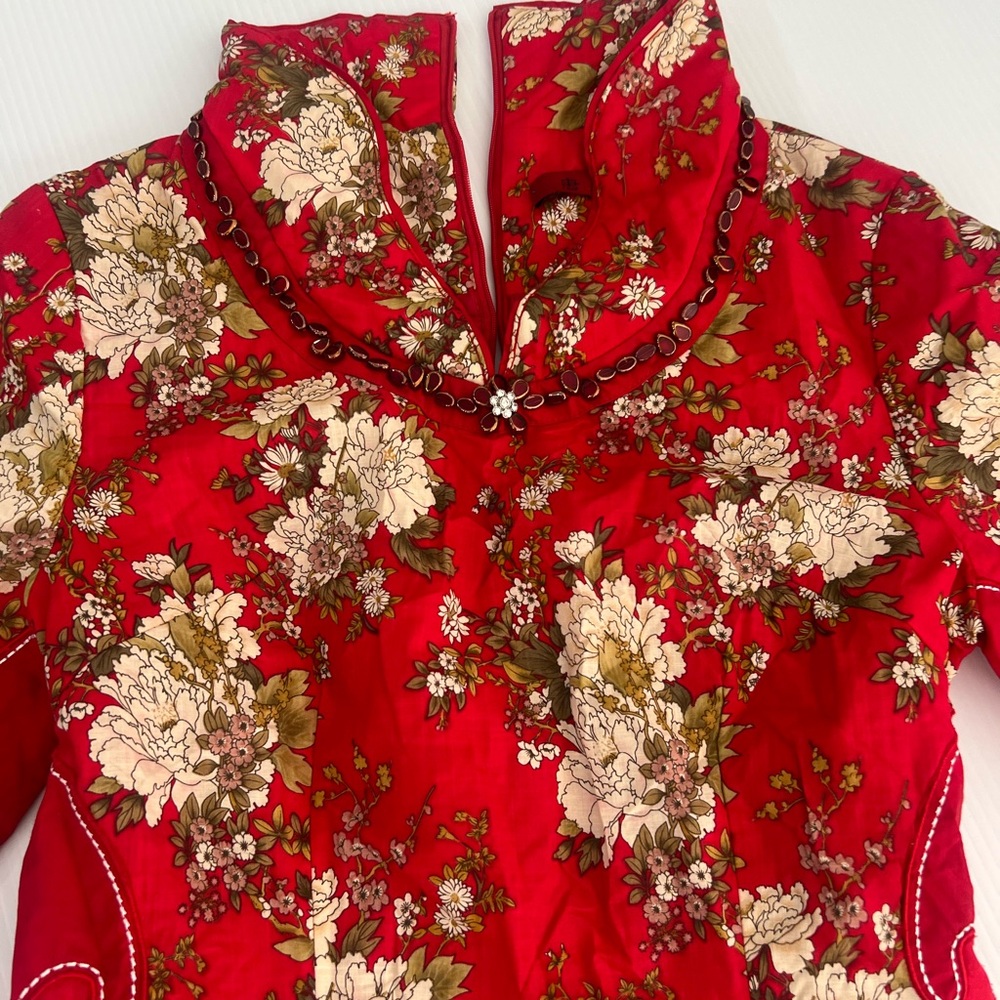 Tang Chao Red Floral Qipao Cheongsam Dress Cotton Mandarin Collar Size M - Picture 6 of 10